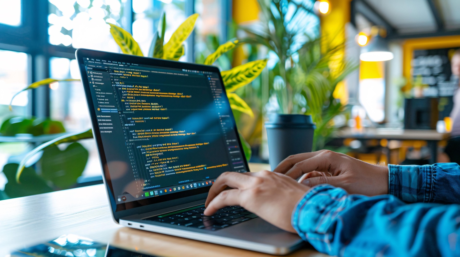 A laptop displaying code with hands typing, surrounded by green plants in a sunlit room, symbolizing sustainable coding practices.